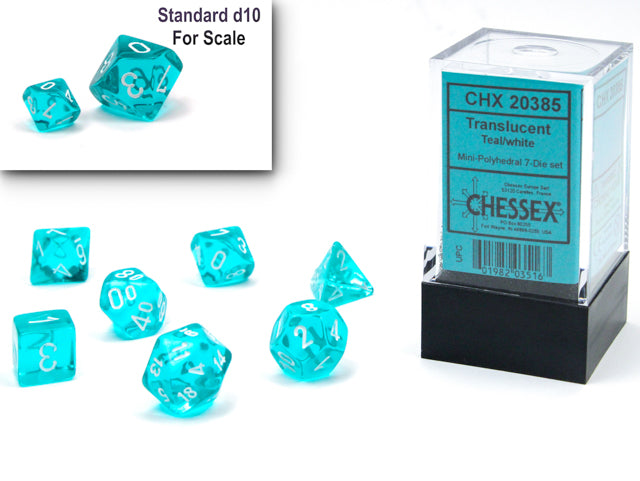 Chessex Mini-Polyhedral 7-Die Würfel-Set Translucent - Blaugrün/Weiß