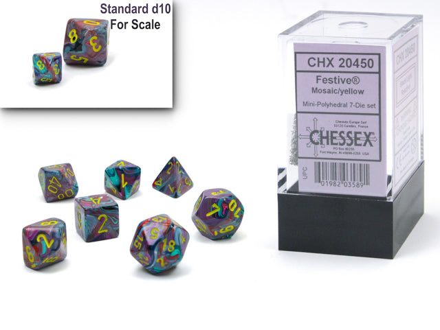 Chessex Mini-Polyhedral 7-Die Würfel-Set Translucent - Blaugrün/Weiß