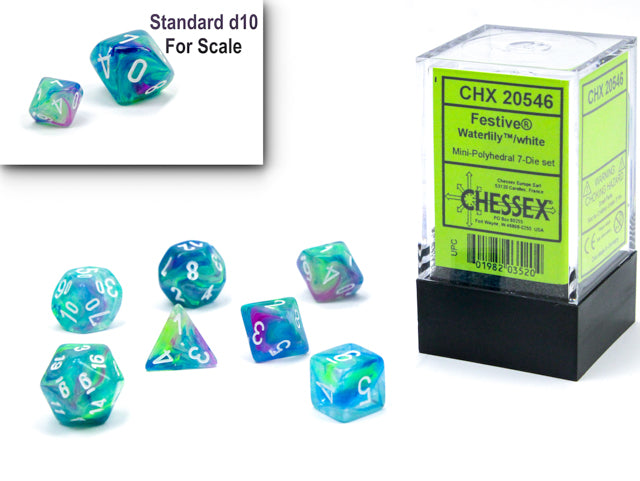 Chessex Mini-Polyhedral 7-Die Würfel-Set Translucent - Blaugrün/Weiß