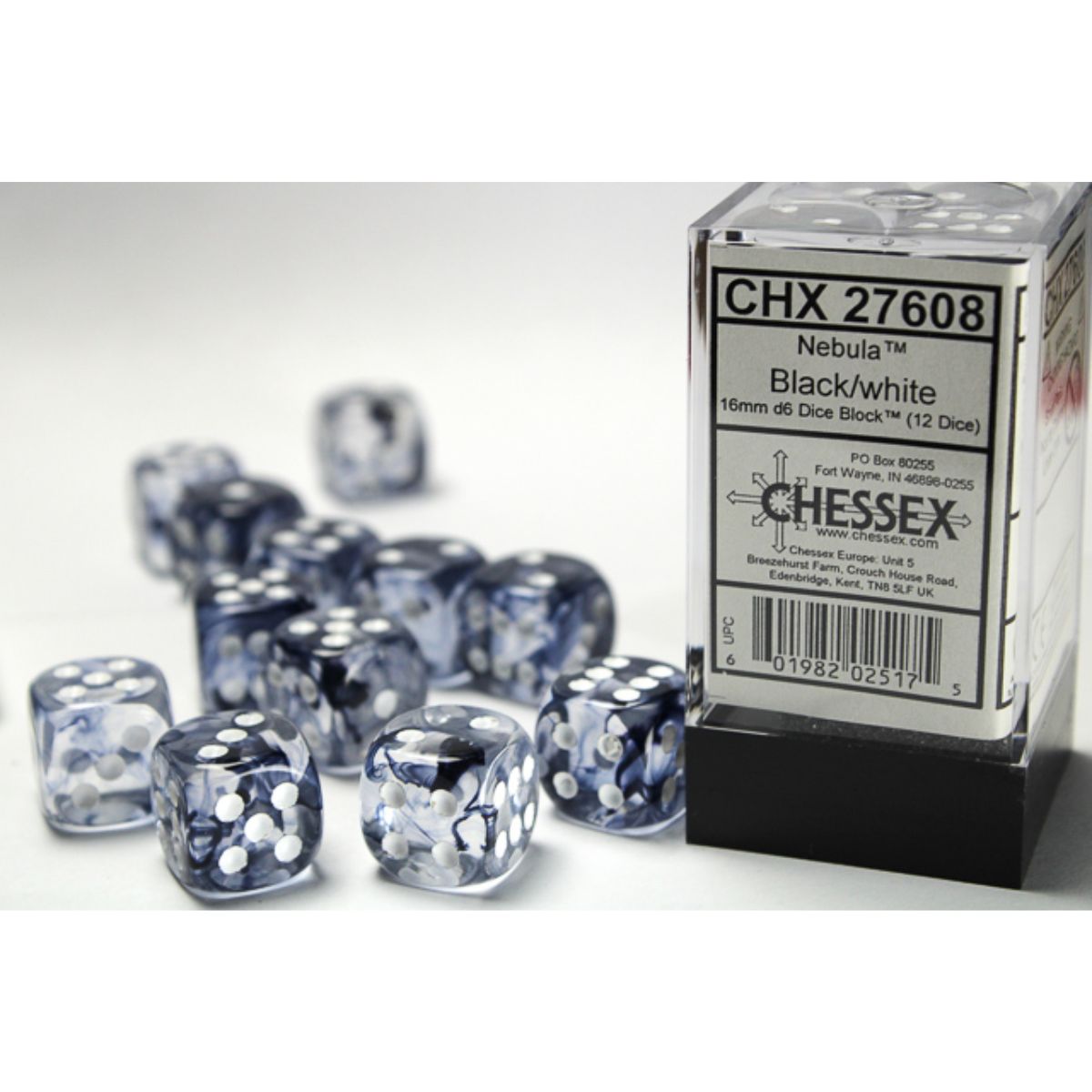 Chessex  16mm D6-Würfel-Set (12) Nebula / Schwarz/Weiß