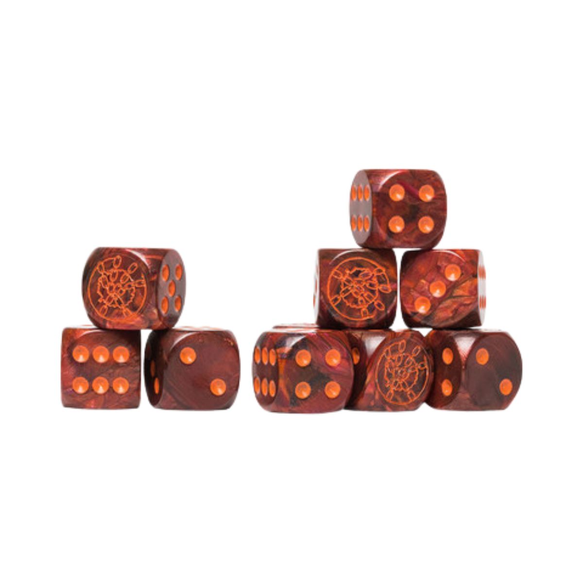 Conquest Dweghom Logo on Red Marbled Dice with Orange Pips - 24 per pack