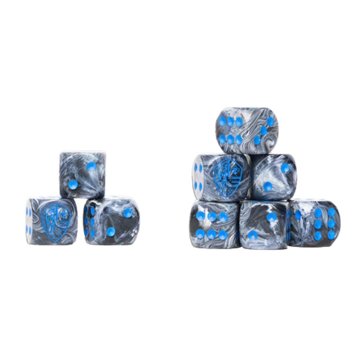 Conquest Hundred Kingdoms Logo on Grey Marbled Dice with Navy Pips - 24 per pack